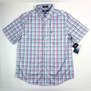 NWT IZOD Boys Short Sleeve Button Down Shirt‎ L 14/16 Plaid Stretch Untucked NEW